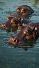 Fototapeta premium Three hippopotamuses submerged in water.