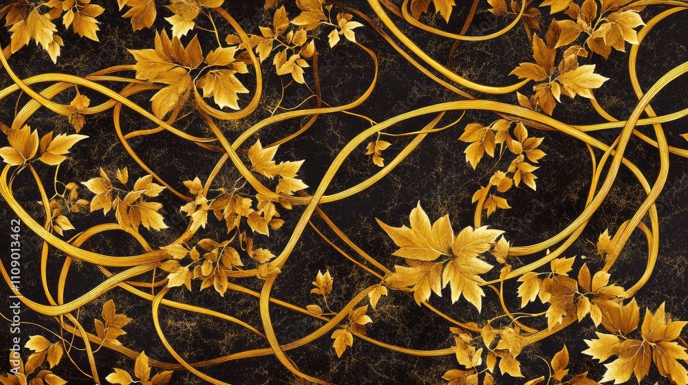 Poster elegant golden leaves and twisting vines on black background creating a rich and luxurious atmospher