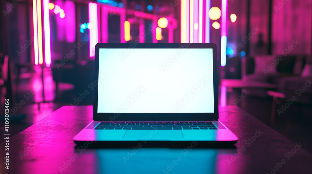Poster laptop mockup with blank screen in dark blurred room with neon lights. vector open laptop front view