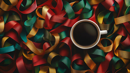 Latte cup and bow ties , Coffee cup with colorful ribbon , Simple coffee cup with ribbon , illustration , A cup with a traditional tasty with colorful modern ribbon 
