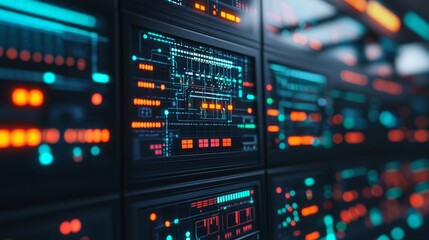 A vibrant close-up of a digital server rack, showcasing glowing lights and intricate circuitry, emphasizing technology and data storage.