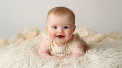 A baby with chubby cheeks lying on their tummy, smiling adorably on a bright white background, perfect for cheerful imagery.