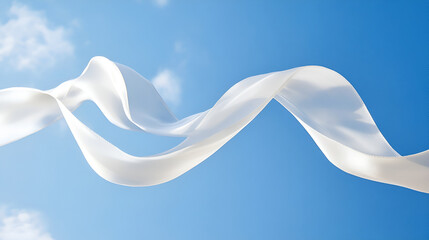 White pearl ribbon bow curl on blue sky  background with copy space , beautiful white ribbon flying on blue sky, White fabric on sky background. Natural effect of lens flare
