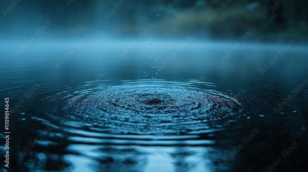 Poster tranquil water drop creating ripples in a calm lake surrounded by mist and soft light in a peaceful 