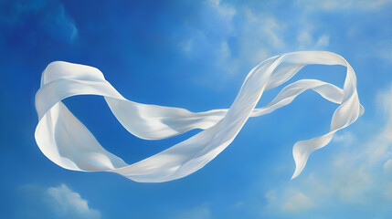 White pearl ribbon bow curl on blue sky  background with copy space , beautiful white ribbon flying on blue sky, White fabric on sky background. Natural effect of lens flare
