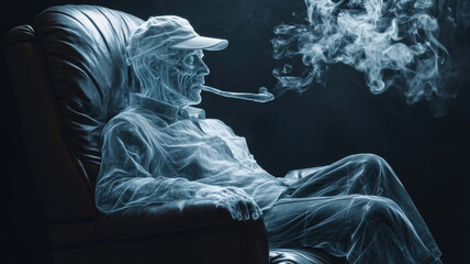 Naklejka premium Human figure in X-ray style, sitting in a chair, wearing a cap and smoking a pipe artistically