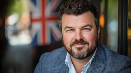 Obraz premium a man with a beard wearing a suit and smiling in front of a British flag, with a blurred background