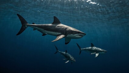 Fototapeta premium Thresher shark swimming in the deep blue ocean.
