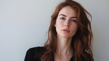 Naklejka premium a woman with long red hair wearing a black dress against a white background