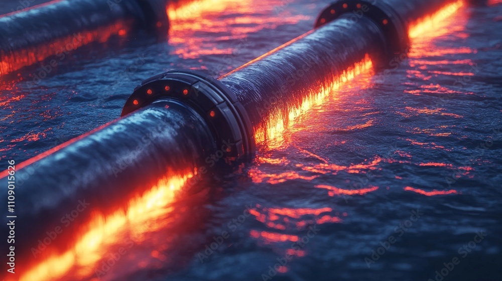 Poster a close-up view of glowing pipes submerged in water, creating a striking contrast of light and textu