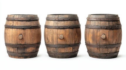 Obraz premium three wooden barrels on a white background The barrels are made of wood and have a rustic, aged look to them They are arranged in a triangular formation, with the
