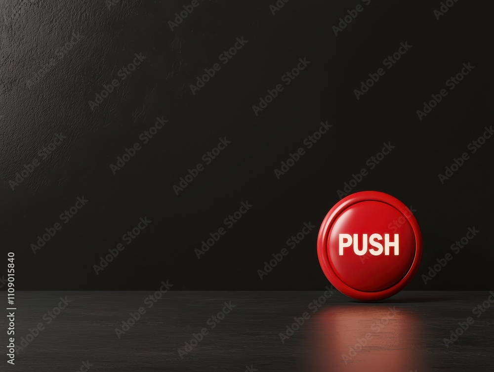 Poster a vibrant red button labeled 