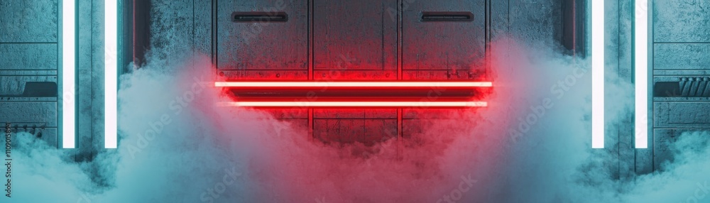 Poster a futuristic portal illuminated by neon lights and surrounded by fog, creating a sci-fi atmosphere.