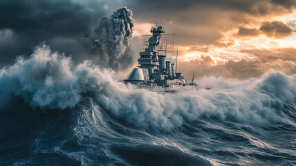 Fototapeta premium Majestic Warship Cutting Through Fierce Ocean Waves During a Storm with Dramatic Sky Illuminated by Sunset Light