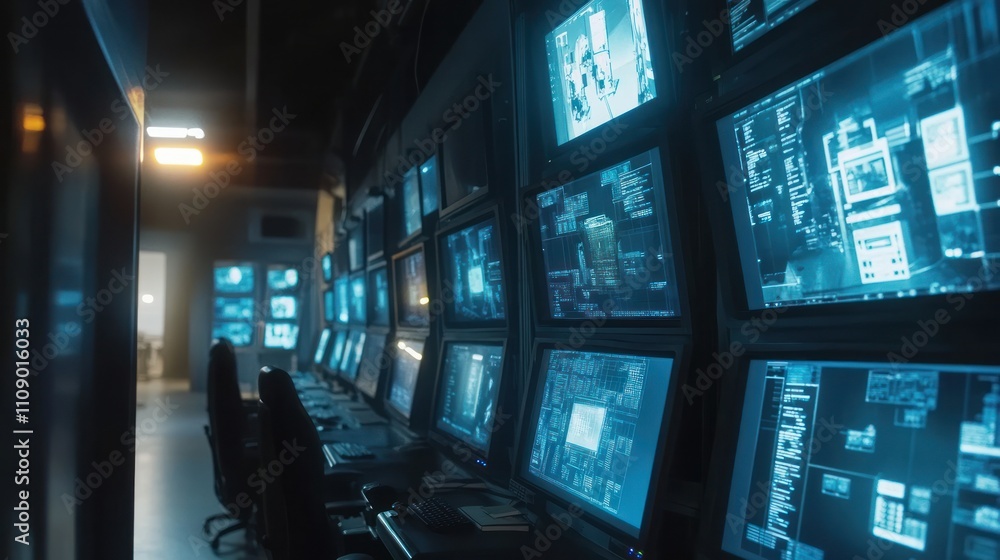 Poster dark room filled with monitors displaying data