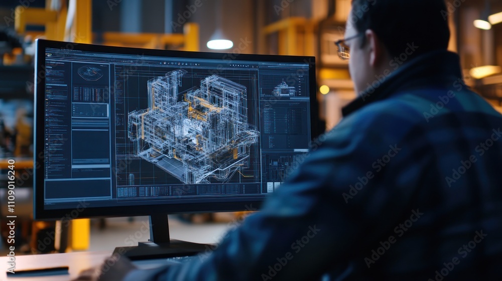 Poster Engineer analyzing 3D model on computer screen