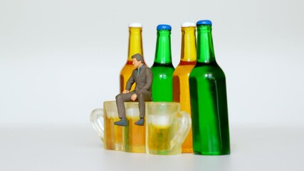 Rotating video of a miniature businessman figuring in a suit siting on beer mugs in front of colorful bottles, representing socializing and celebration themes. - Powered by Adobe