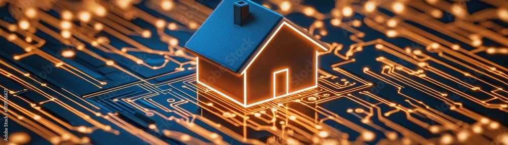 Poster a miniature house is illuminated and placed on a circuit board, symbolizing the integration of techn