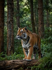 Tiger in a tense, natural forest setting.