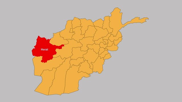 Herat map animated video. The location is highlighted on the Afghanistan map. Colour map with Gray background in video format.