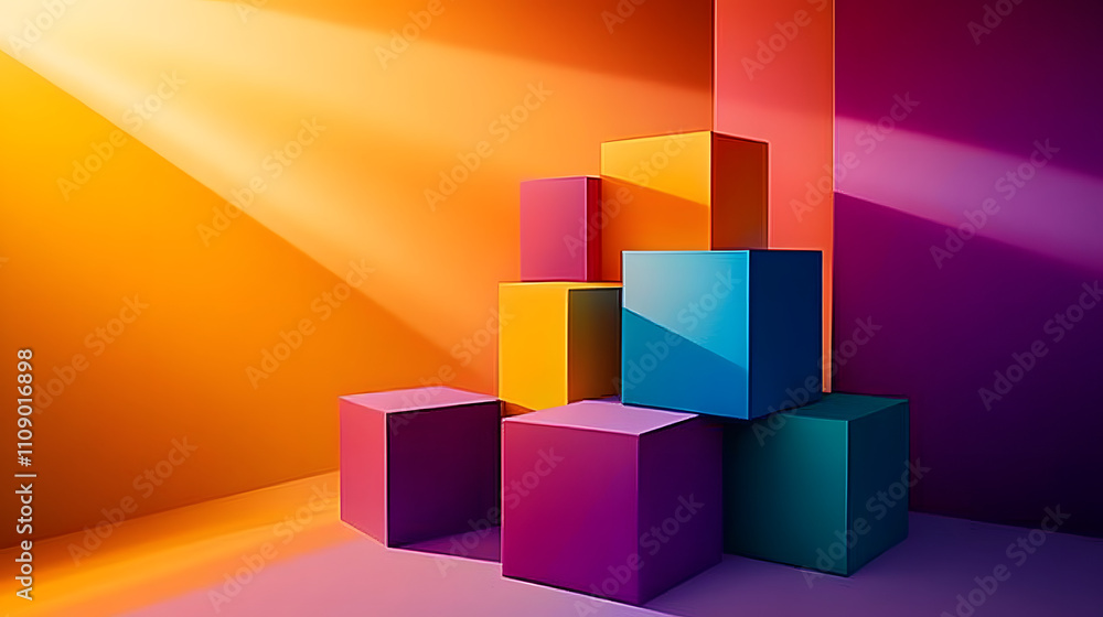 Poster abstract composition of colorful cubes against a gradient background
