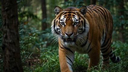 Naklejka premium Tiger prowling in a dense forest.