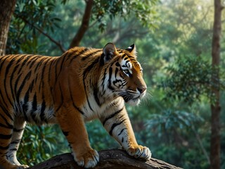 Fototapeta premium Tiger resting on a tree branch, taking in the view.