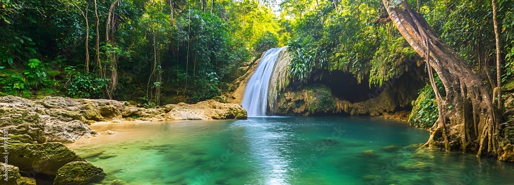 Poster a sweeping view of a dense jungle with towering trees, vines hanging from branches, and a small wate