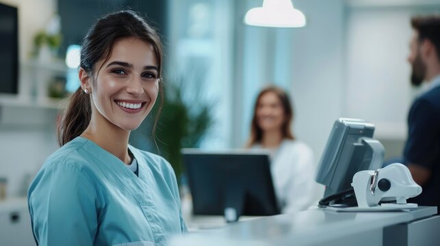 Dentist receptionist greeting patients and managing dental appointments in a dental office - Powered by Adobe