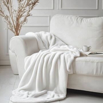 White sofa with blanket in Christmas-themed room.