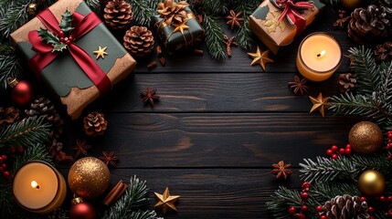 High-quality-Christmas background with gold presents and fir branches on dark burgundy background with space for text and pine branches on dark burgundy background.
