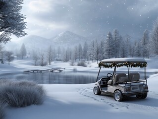 Snowy winter landscape with decorated golf cart by a frozen lake