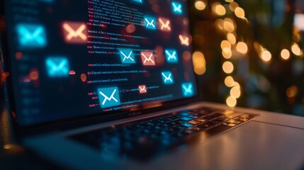 A laptop screen displays colorful notifications with email icons and code, suggesting a tech-focused environment illuminated by ambient lights.