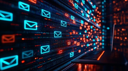 Fototapeta premium A digital representation of email communication, featuring glowing icons and data streams, symbolizing the flow of information.