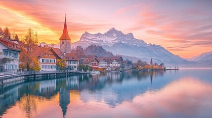 Fototapeta premium Tranquil Sunrise Over Lake Thun with Pink Skies