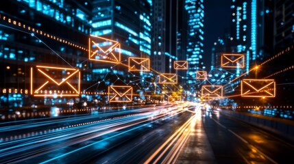 Naklejka premium A vibrant city scene at night, featuring illuminated email icons amidst streaks of light from moving vehicles, symbolizing digital communication.