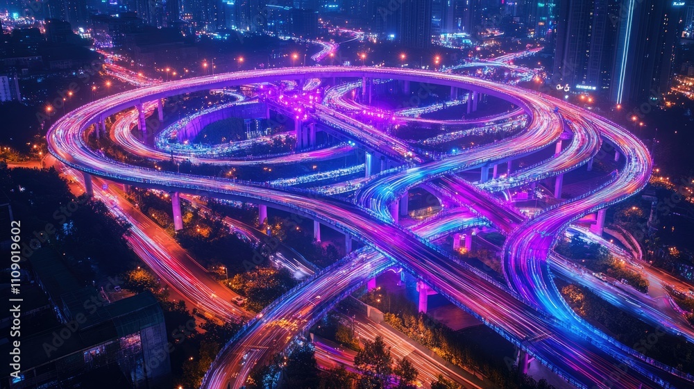 Aufkleber a busy urban highway with flowing traffic at night, colorful lights creating streaks of motion and e