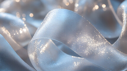 Curly silver Gift ribbon on shiny background close-up , Beautiful white ribbon reel on gray background, white spiral ribbon, background or texture
