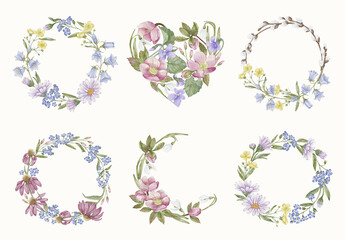 Watercolor Wreath Template Set With Floral Elements.
