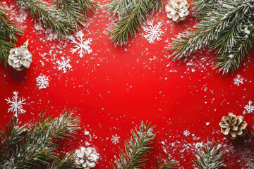 Obraz premium Christmas decorations on red background with snow flakes and pine