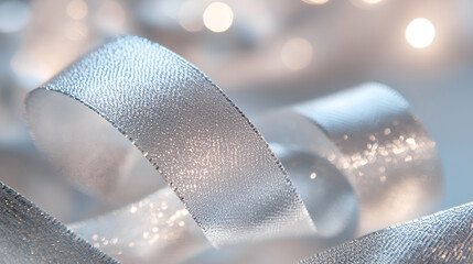Curly silver Gift ribbon on shiny background close-up , Beautiful white ribbon reel on gray background, white spiral ribbon, background or texture

