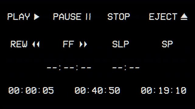 13 VHS Playback Elements with Screen Distortion Noise - Play, Pause Rewind Fastforward Stop Eject SLP SP and TimeCode