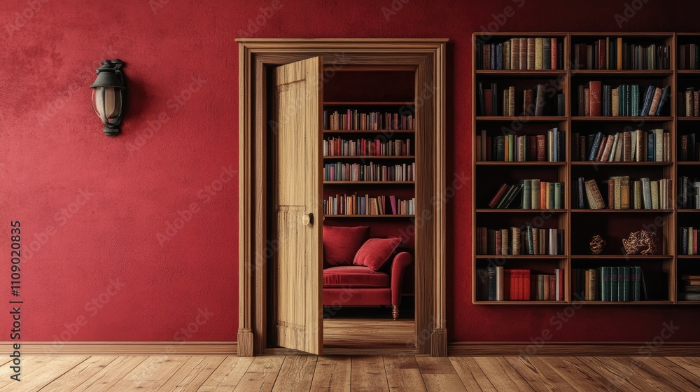 Poster a concealed bookshelf behind a wooden door, creating an atmosphere of mystery and discovery. ideal f