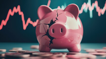 A cracked piggy bank with falling stock market trends in the background, illustrating the financial crisis and the effect on personal savings