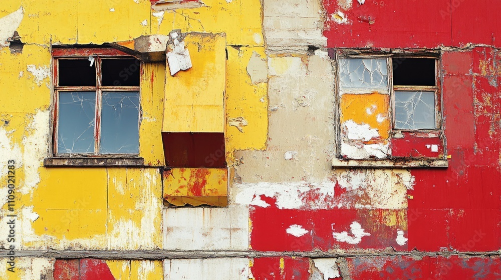 Poster a decaying urban building with broken windows, peeling paint in red and yellow, and colorful graffit