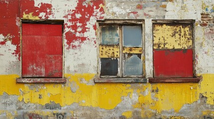 Naklejka premium A decaying urban building with broken windows, peeling paint in red and yellow, and colorful graffiti art, showcasing the contrast of decay and vibrancy