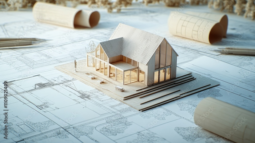 Poster a detailed architectural blueprint of a modern house, with 3d rendering and technical drawings laid 