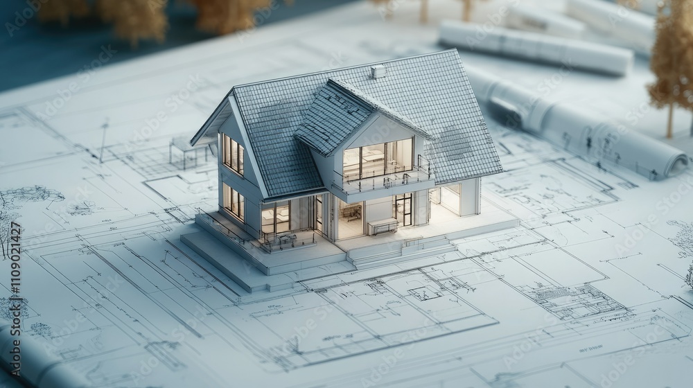 Poster a detailed architectural blueprint of a modern house, with 3d rendering and technical drawings laid 