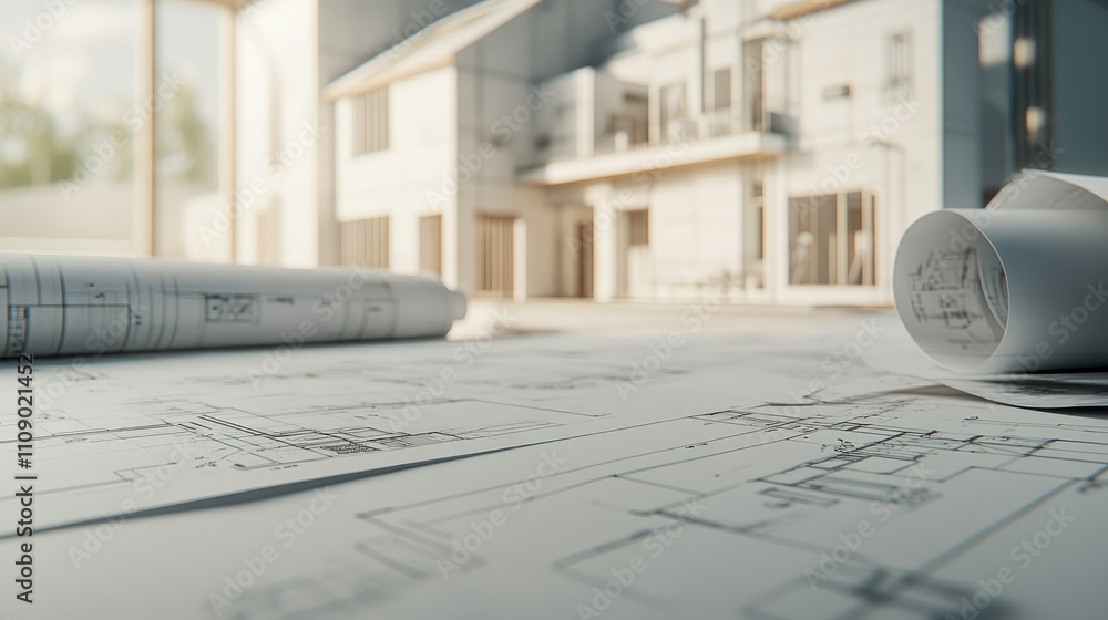 Poster a detailed architectural blueprint of a modern house, with 3d rendering and technical drawings laid 