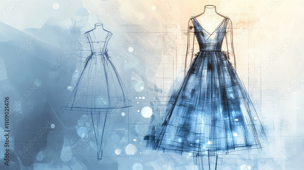 Poster A detailed fashion design sketch set against a blueprint backdrop, with soft bokeh lights creating a dreamy, stylish atmosphere in the studio